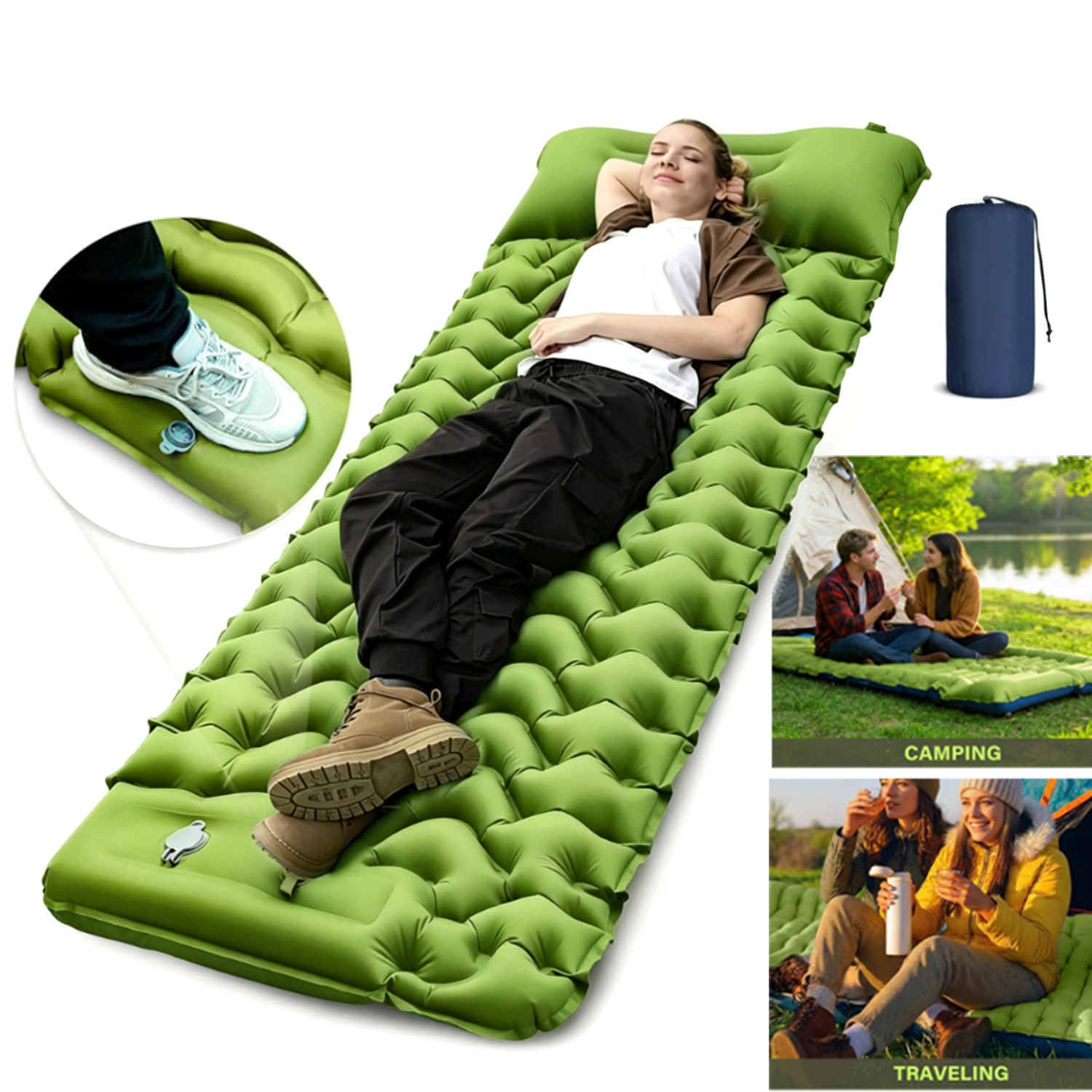 Camping Sleeping Pad Inflatable Mat with Built-in Foot Pump & Pillow for Tent
