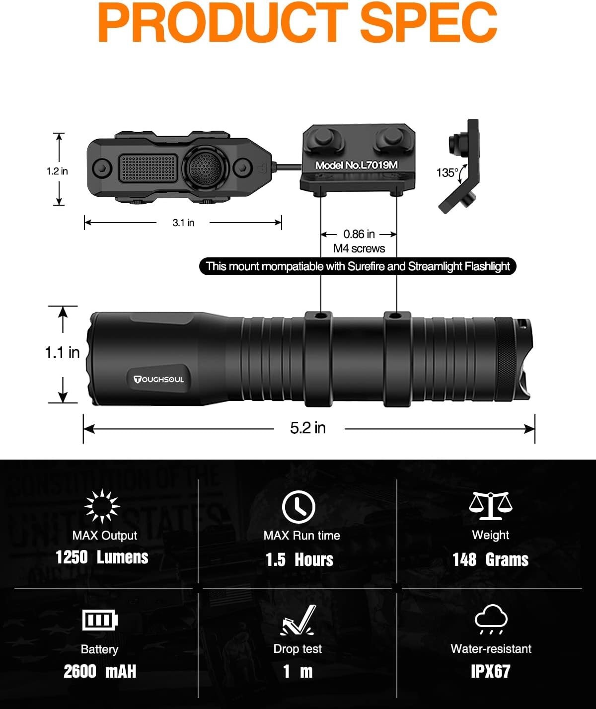 TOUGHSOUL 1250lm Aluminium Tactical Flashlight for M-Lok Rail with Remote Switch