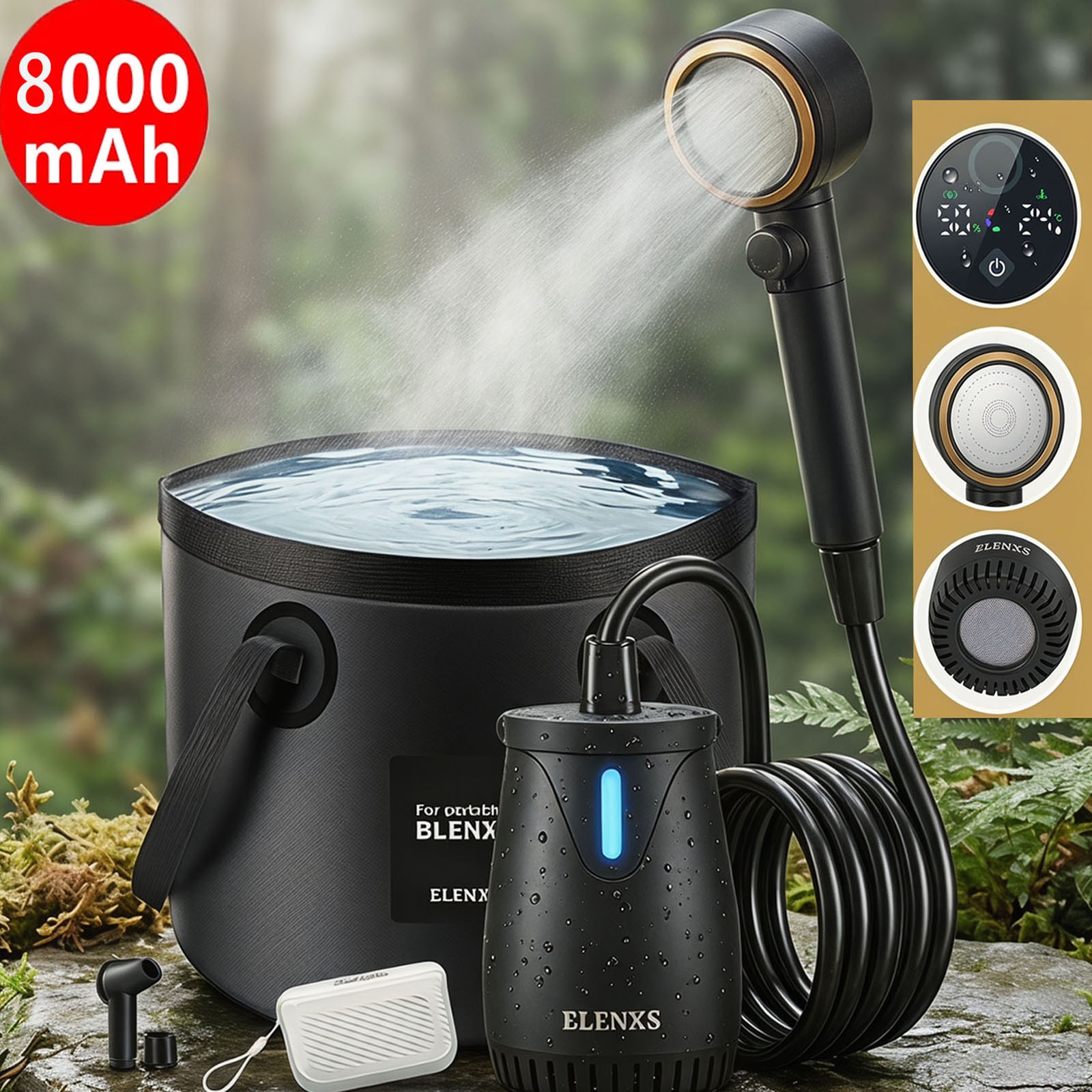 Portable Camping Shower 8000mAh Rechargeable Outdoor Camp Pump for Hiking Travel