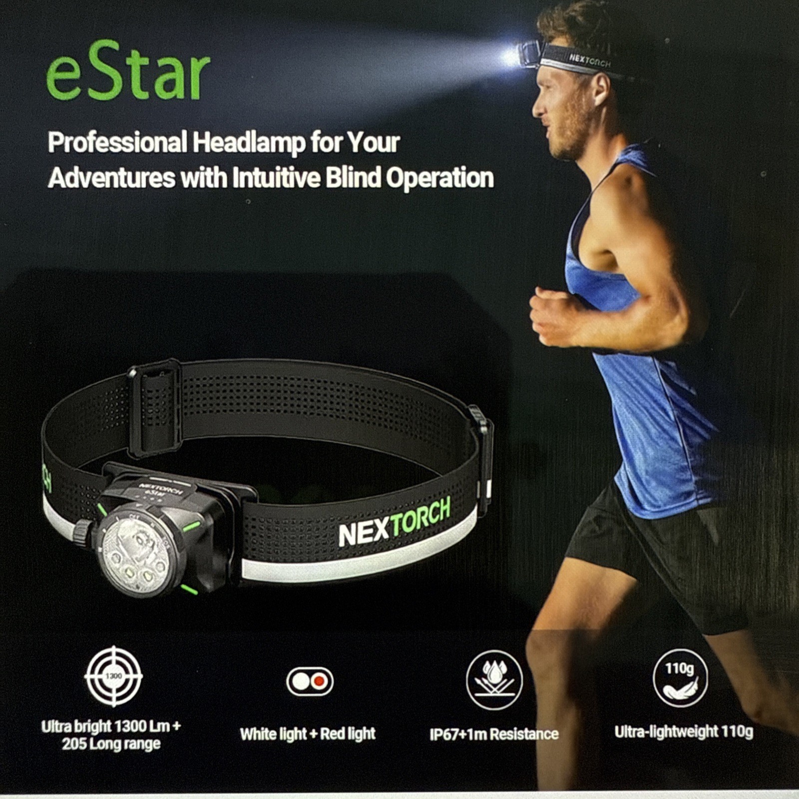 NexTorch eStar 1300 Lumens Headlamp, 2 1200mah batteries, rechargeable, 5 Modes
