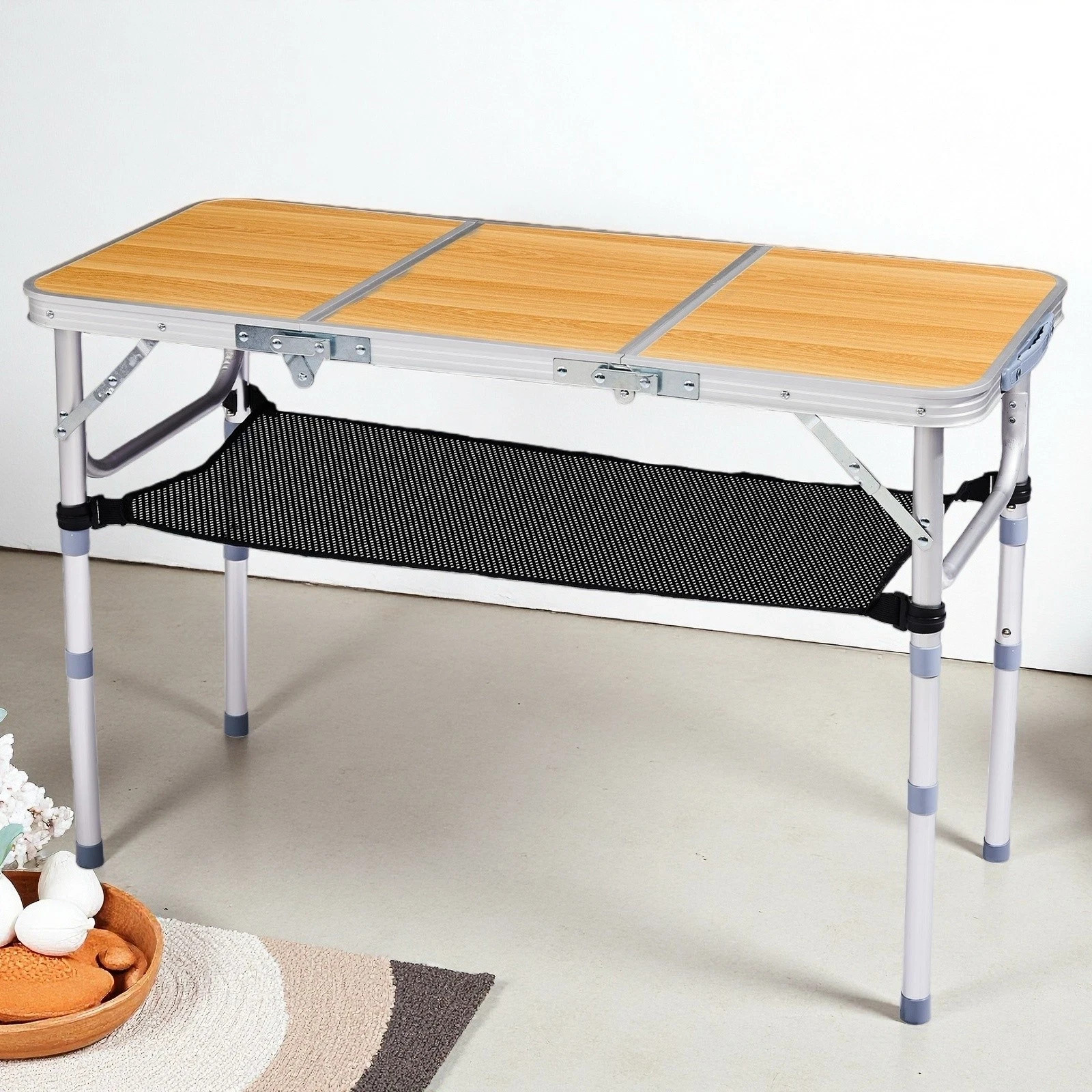 Folding Camping Table 3ft With Storage Net – Adjustable, Wood Grain & Aluminum