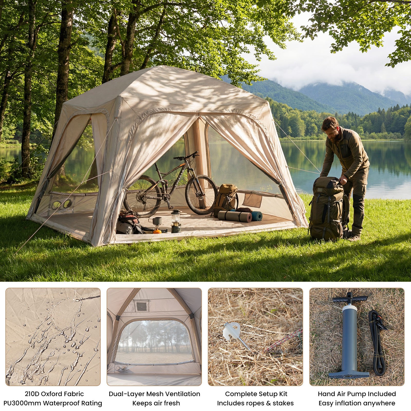 SUNYRISY Blow Up Inflatable Tent 10x10ft,Stove Jack&AC Vent for 4-6 People