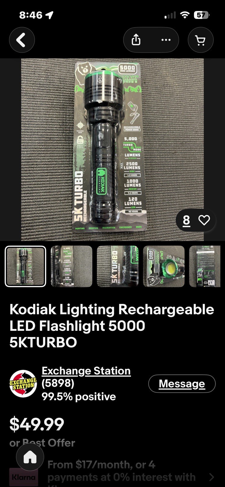 Kodiak Lighting 3.7v Rechargeable Flashlight Battery Included