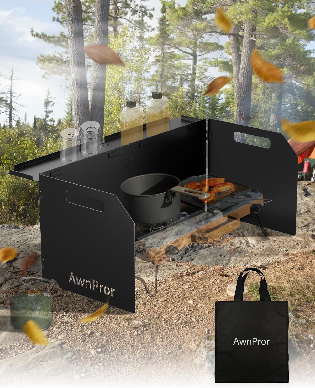 AwnPror Aluminum Camping Stove Windscreen,Lightweight Foldable Larger, Black