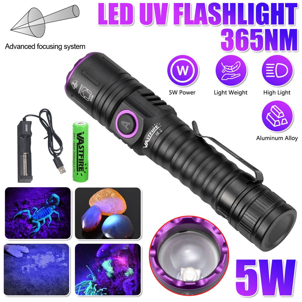 UV Ultra Violet LED Flashlight 365 nM Inspection Black Light Torch USB Charging