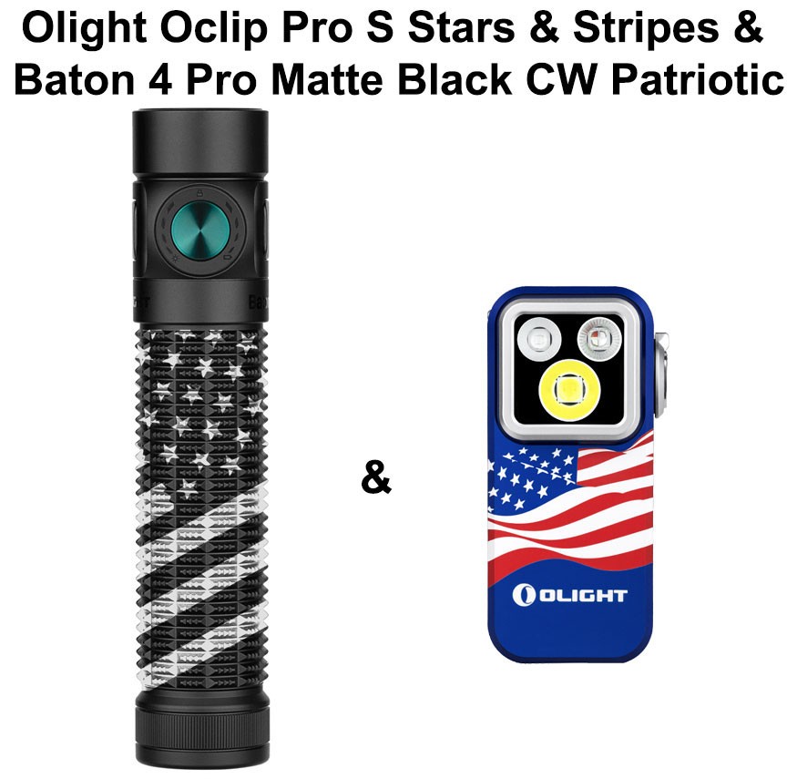 Olight Oclip Pro S Stars & Stripes & Baton 4 Pro Matte Black CW Patriotic Lights