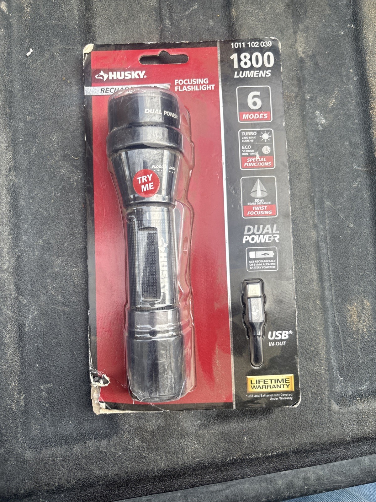 Husky 1800 Lumens Dual Power LED Rechargeable Lithium Ion Focusing Flashlight