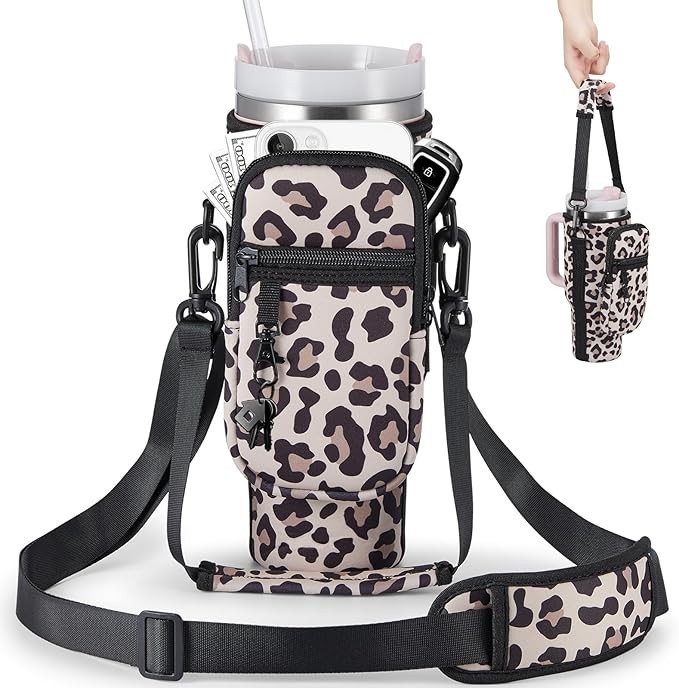 Water Bottle Carrier 30 40 oz for Stanley Tumbler with Phone Pocket Leopard Prin