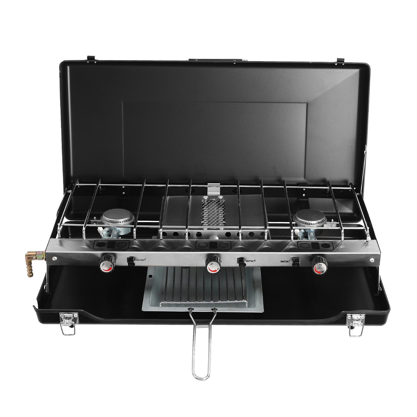 3 Burner Modern Portable Cooking Propane Butane Gas Camping Stove W/ Grid + Tray