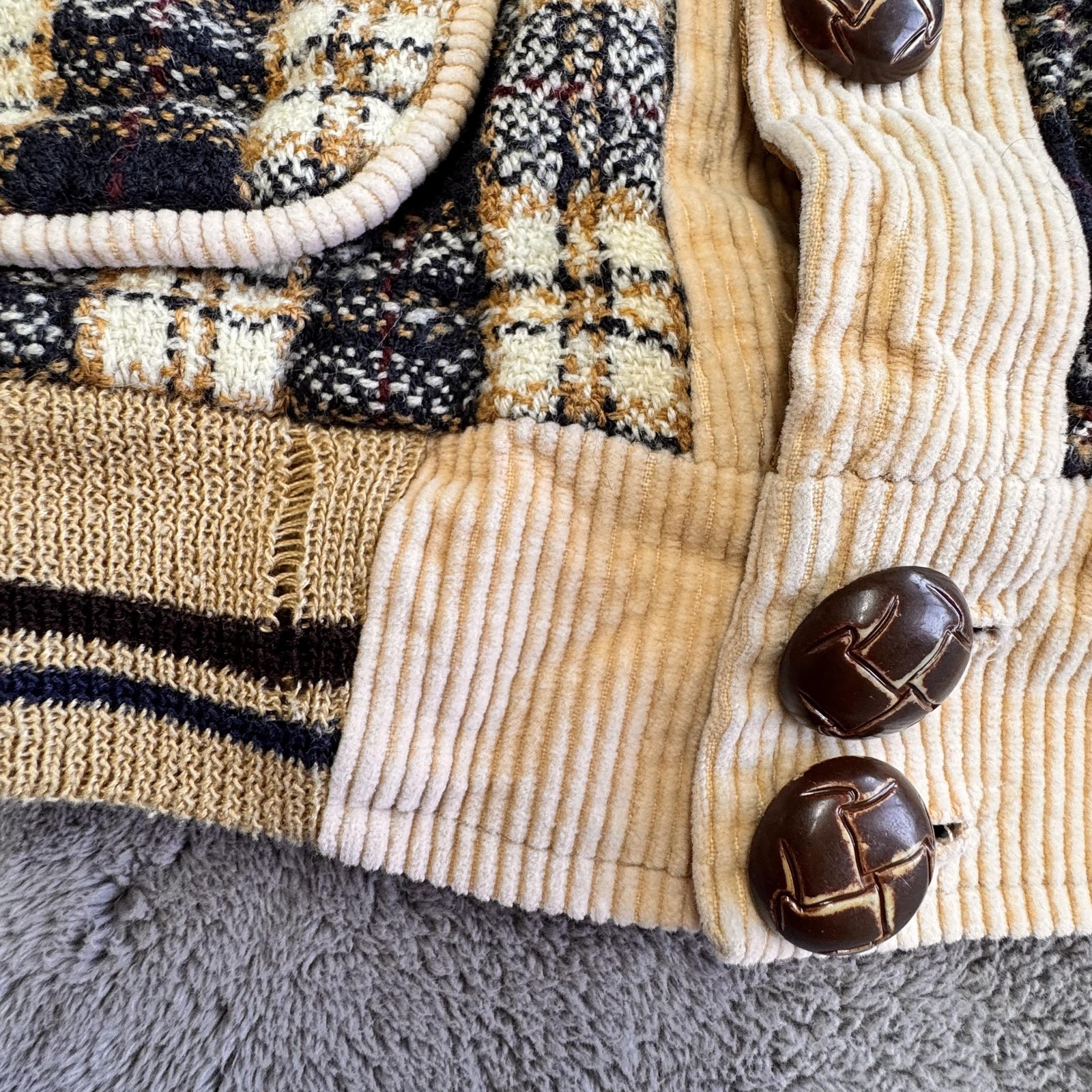 San Hui Boys 2-3 Years Beige Wool Blend Plaid Jacket Corduroy Trim Patch