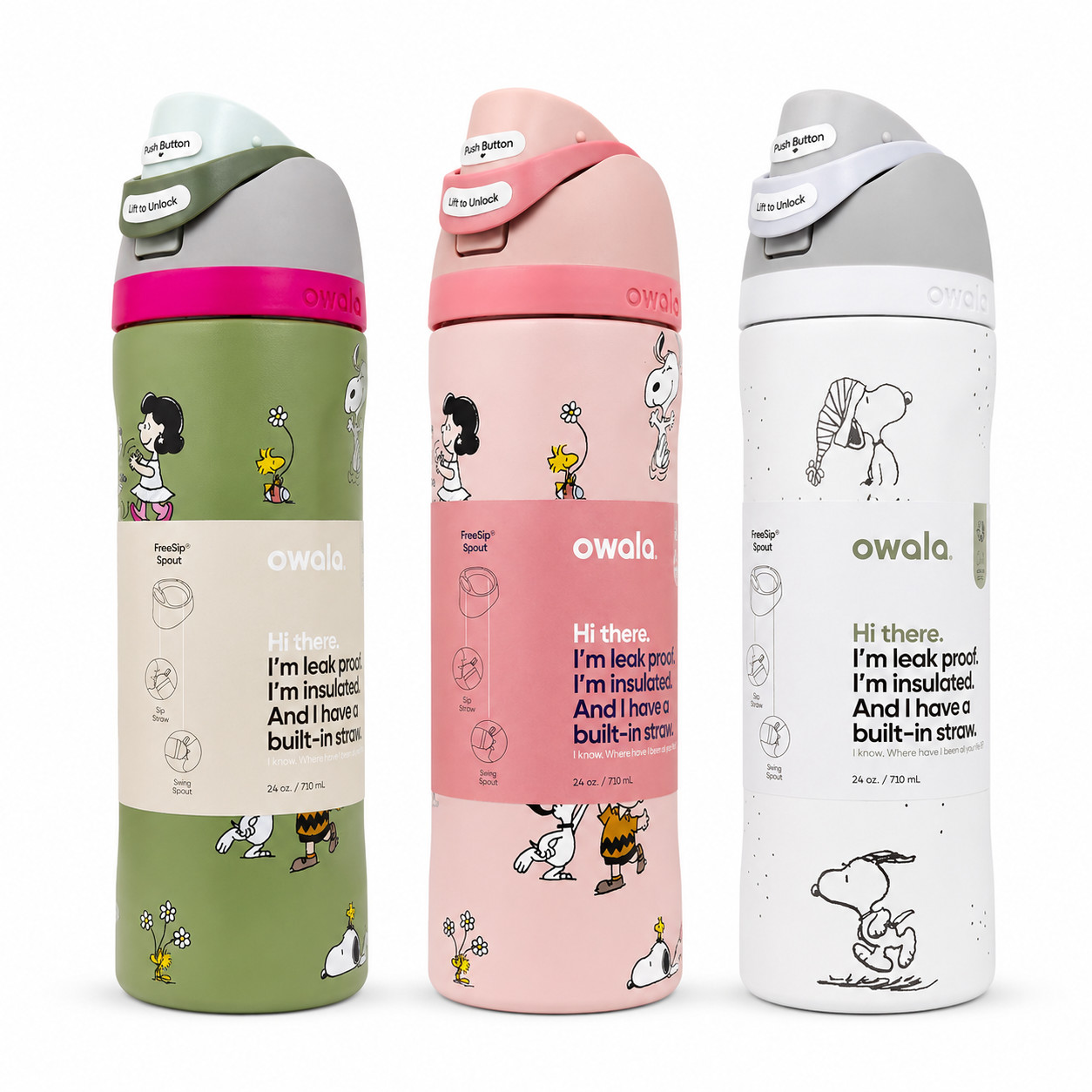 New Owala Cute Snoopy Tumbler Sport insulated Water bottle Flip Lock 24/32 OZ US