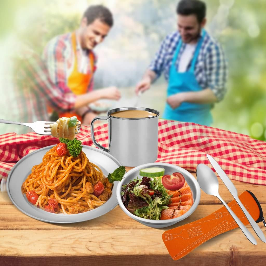 Stainless Steel Camping Cutlery Set – 8 Piece, Includes Spoons, Mugs, Bowls, Pla