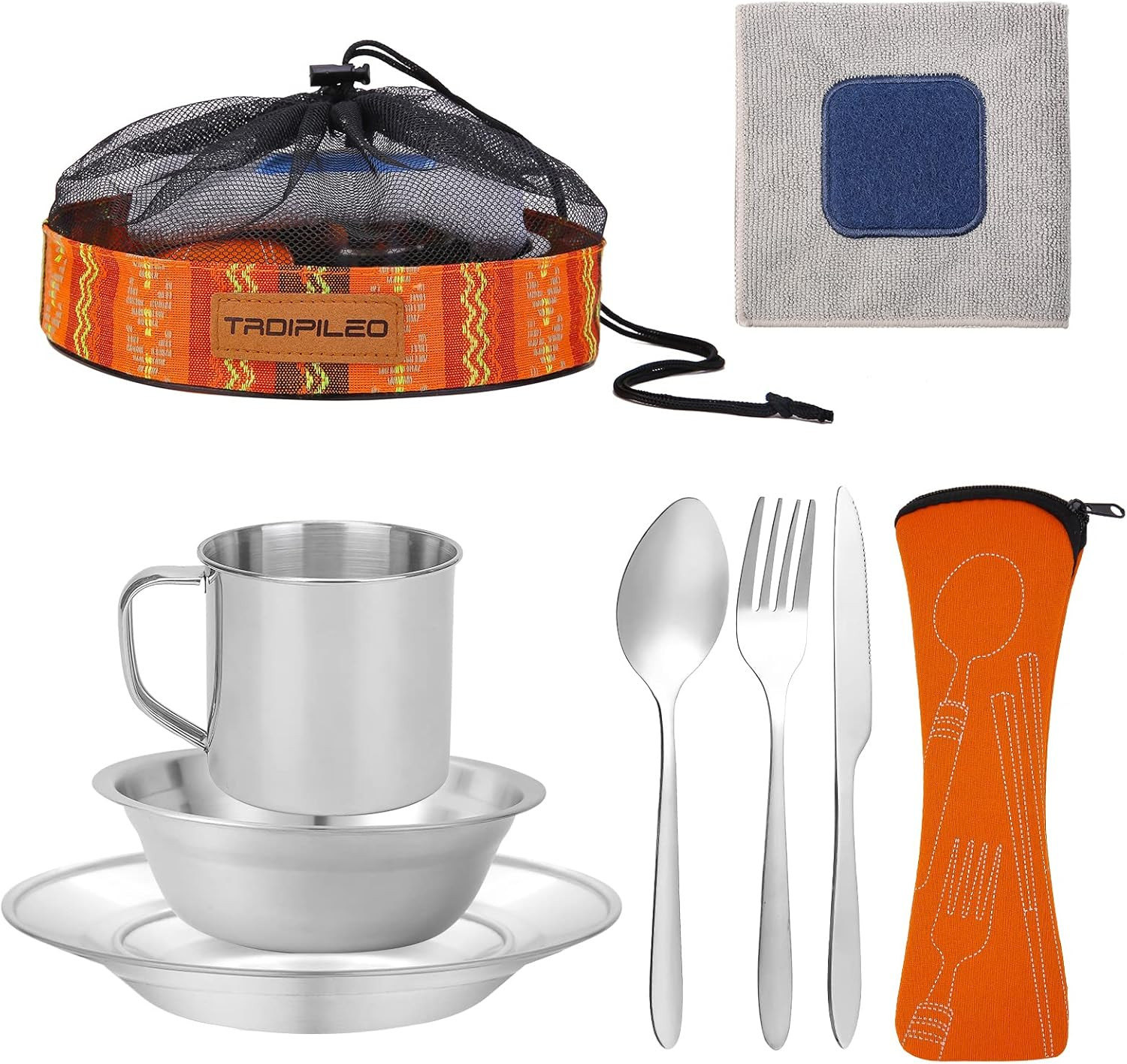 Stainless Steel Camping Cutlery Set – 8 Piece, Includes Spoons, Mugs, Bowls, Pla