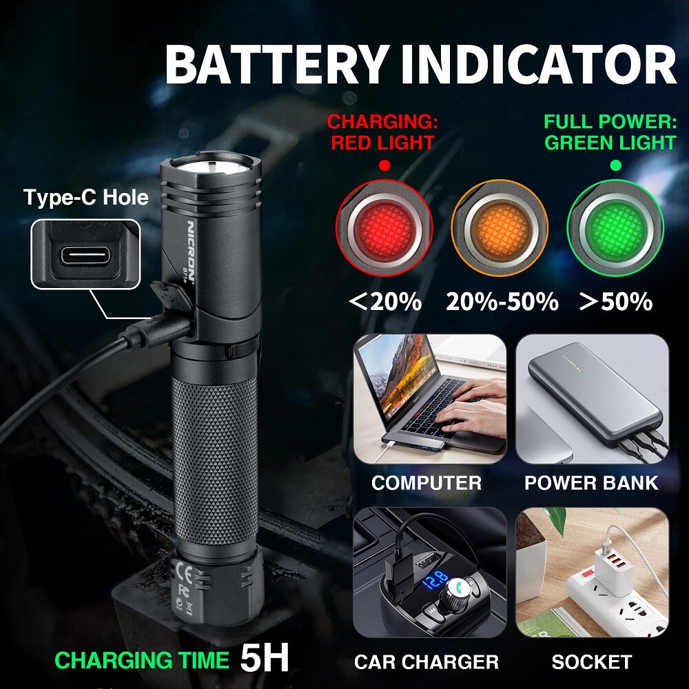 1300 Lumens 6 Modes LED 90 Degree Rechargeable Magnetic Flashlight for Camping
