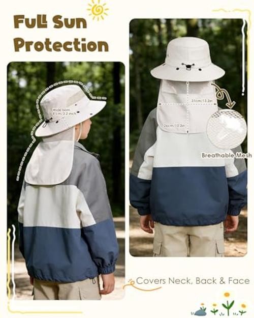 Kids Sun Hat with Detachable Neck Flap,UPF 50+ Windproof 5-13 Years Beige
