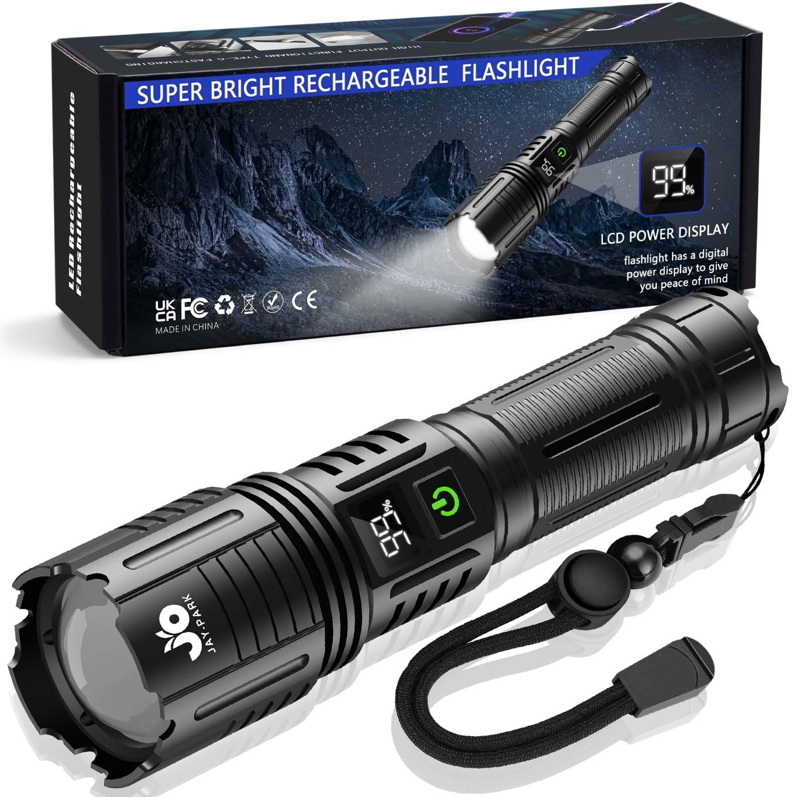 JAY-PARK Rechargeable Flashlights 100000 Lumen, LED Flashlight with Digital P…