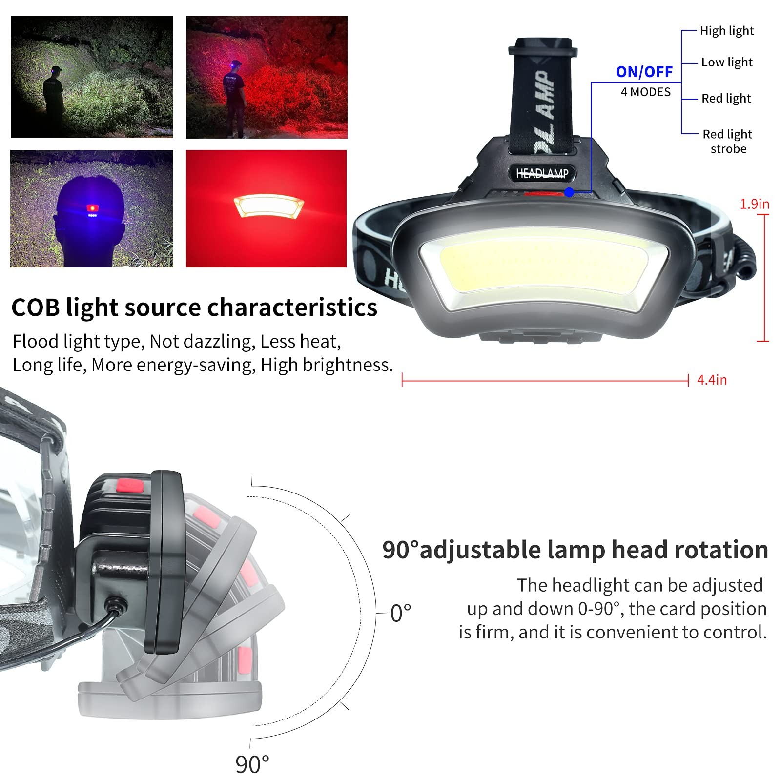 DARKBEAM Hard hat Headlamp COB LED Floodlight with Red Light USB Rechargeable
