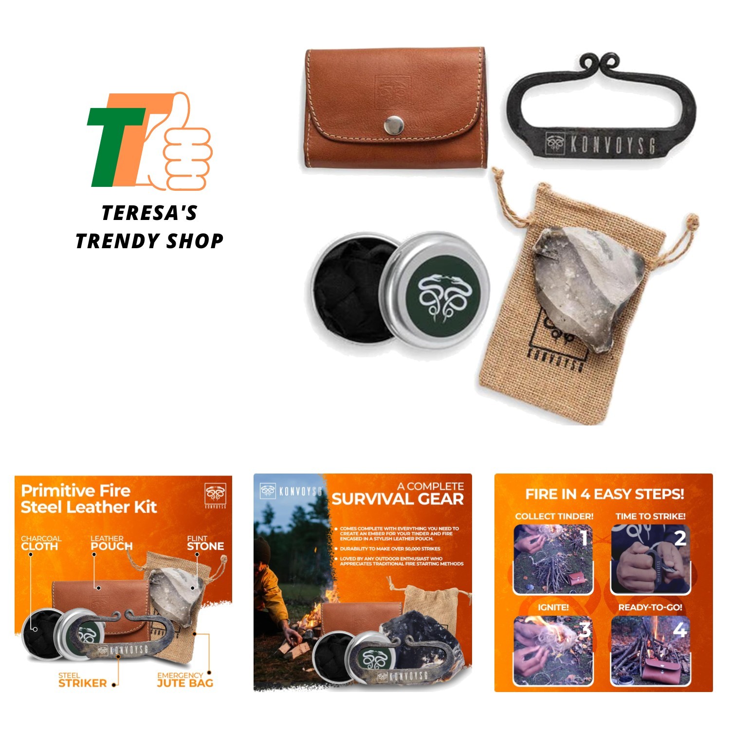 Carbon Steel Fire Striker, English Flint Stone & Char Cloth Traditional Hand …