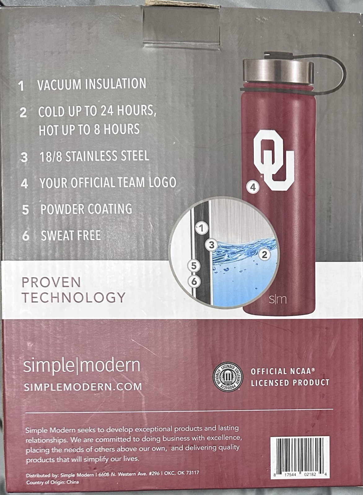 2 Pk SIMPLE / MODERN Oklahoma Sooners PREMIUM INSULATED STAINLESS 22oz BOTTLES