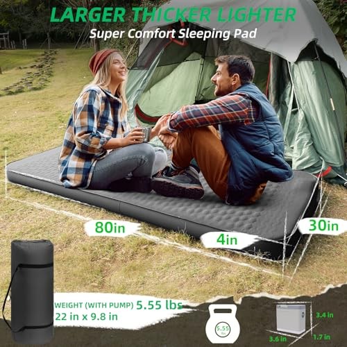 Self Inflating Sleeping Pad with Electric Pump, 4″ Ultra-Thick Grey-4inches