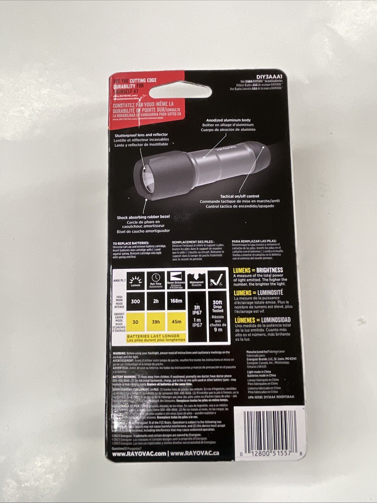 Rayovac Virtually Indestructible Flashlight 300 Lumens 30 Ft Drop 39 HR Battery