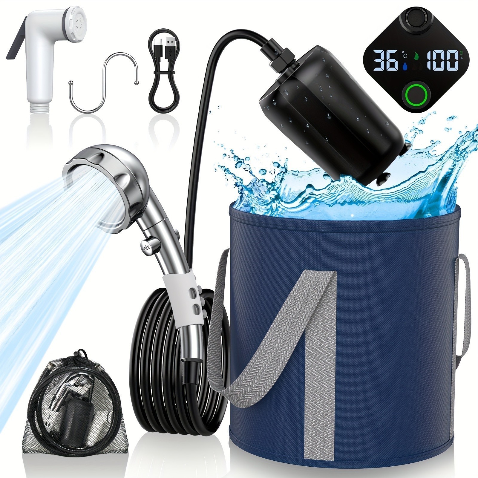 Shower Camping,9000mAh Rechargeable Shower Pump with Folding Bucket Portable