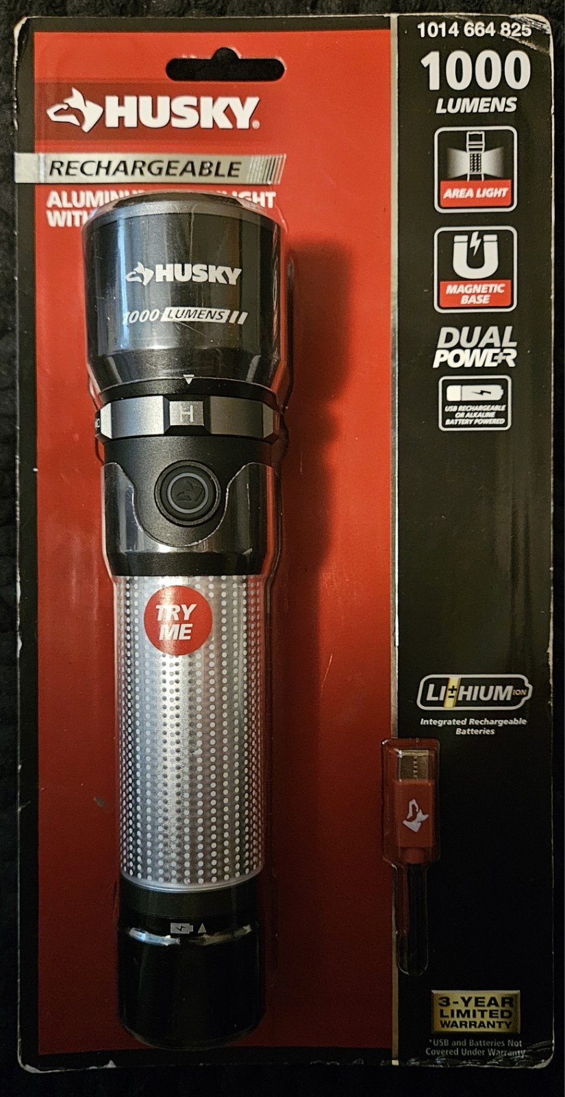 Husky 1,000 Lumens Dual Power LED Rechargeable Focusing and Area Flashlight.