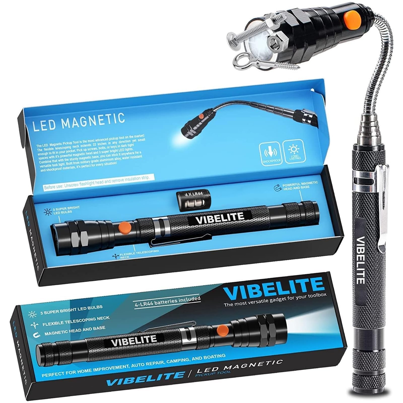 VIBELITE Extendable Magnetic Flashlight with Telescoping Magnet 1Pack, Black