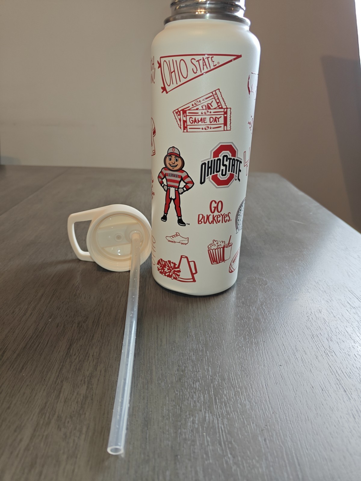 Ohio State Buckeyes 30 fl oz White/Red Stainless Steel Water Bottle Straw Lid
