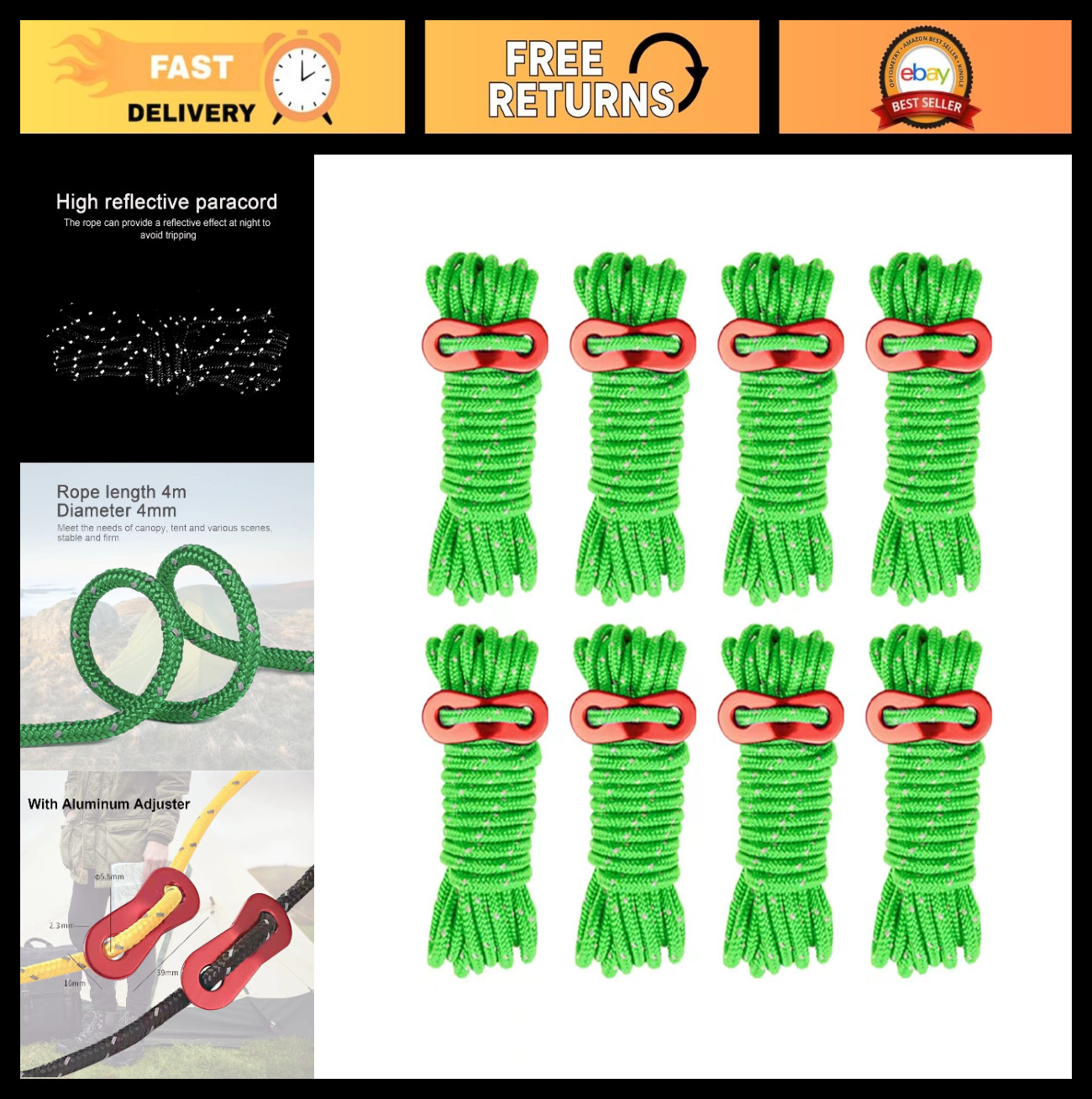 8 Pack Ultralight 4mm Tent Guy Lines with Aluminum Tensioners – Camping, Hiking,