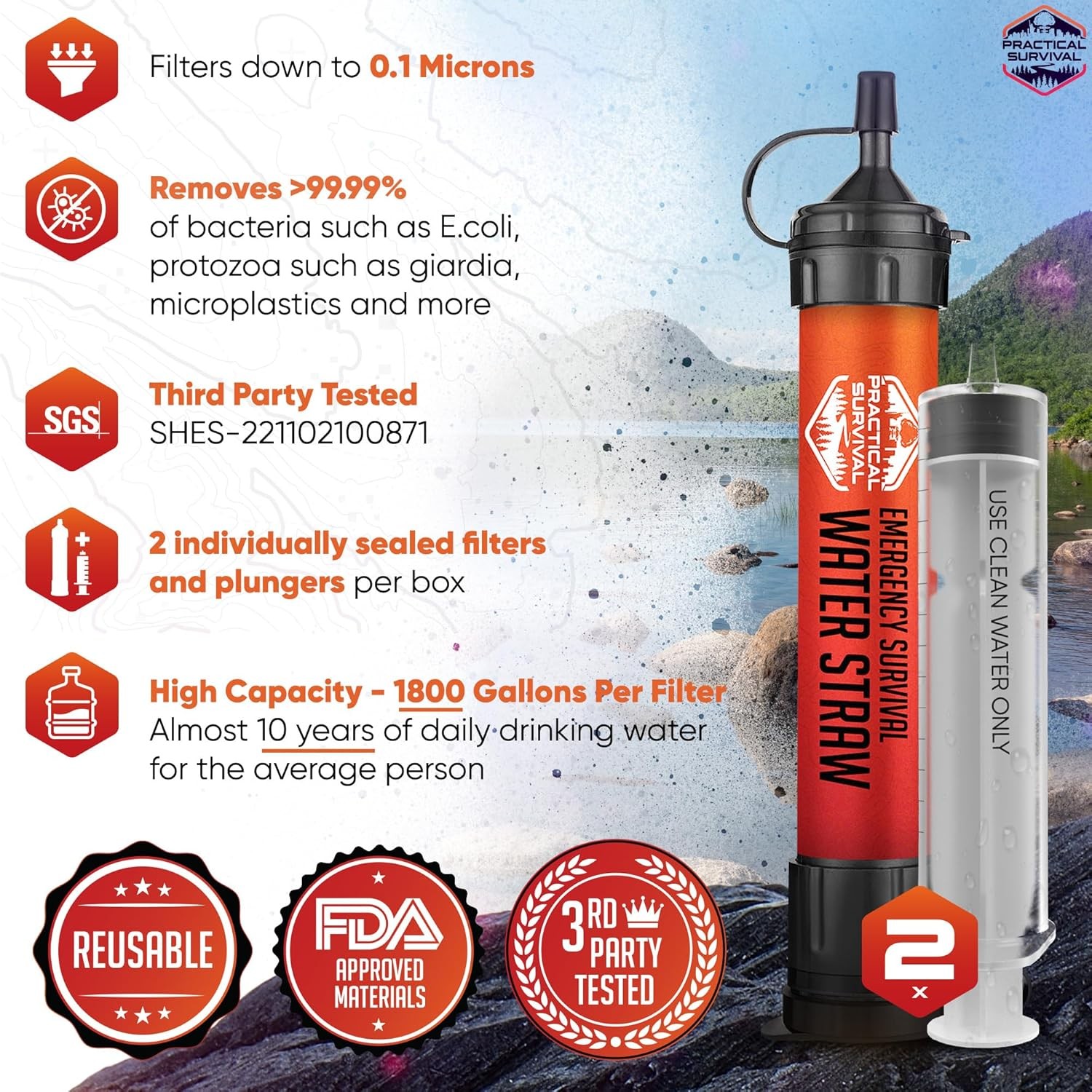Survival Water Straw 2 Pack 1800 Gallon Emergency