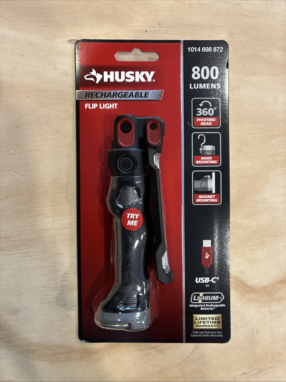 7356) Husky Rechargeable LED Flip Light Work Flashlight 800 Lumen Magnetic USB-C