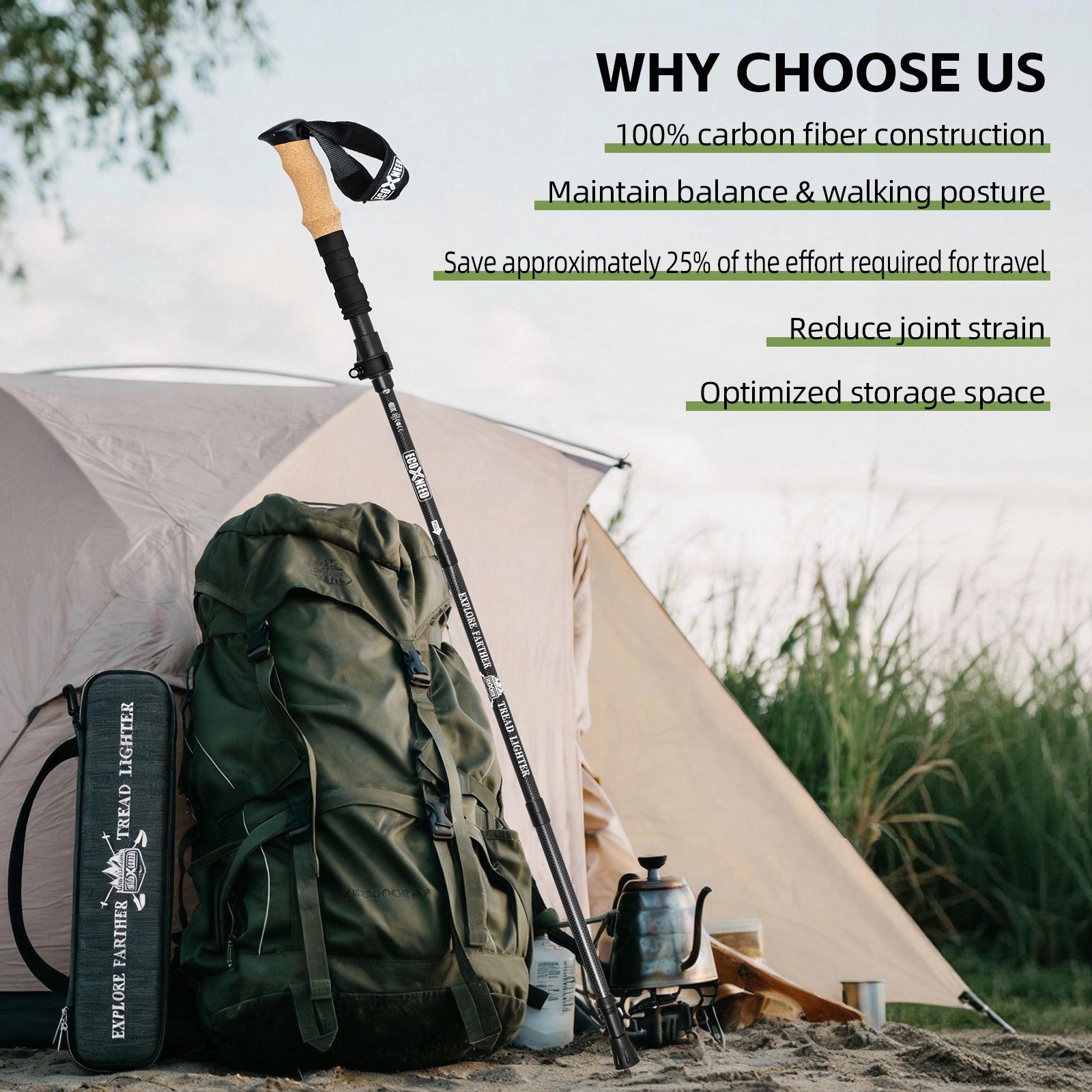 Lightweight Carbon Fiber Trekking Pole Adjustable Height Sticks for Men & Women