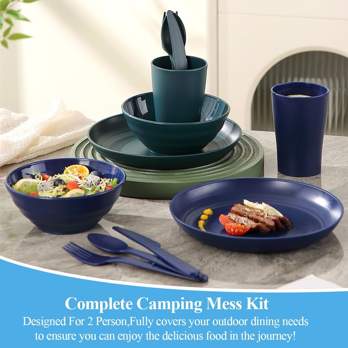 Camping Mess Kit for 2 with Bowl, Plate, Cup, Spoon, Fork, and Carry Bag, Pla…