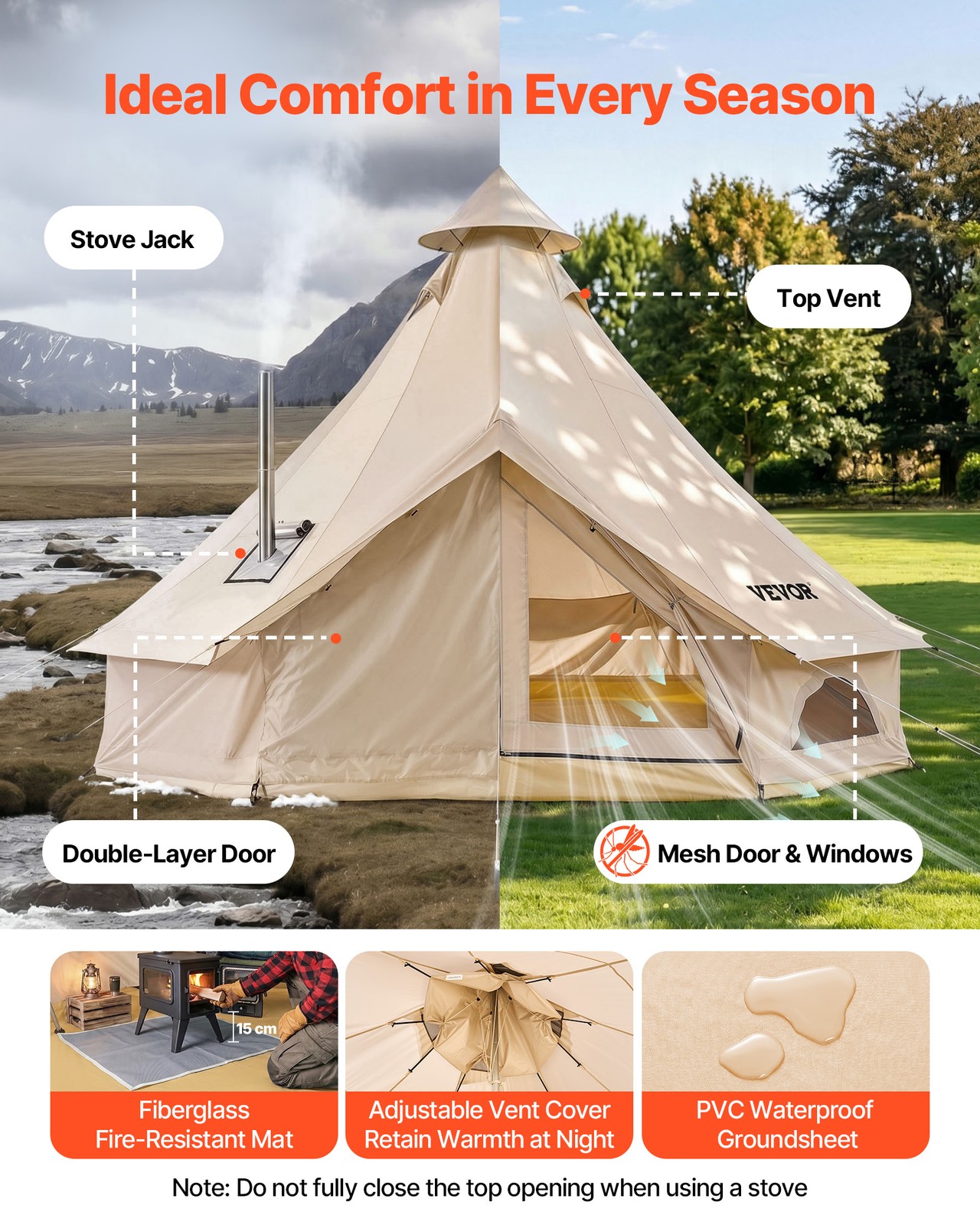 VEVOR Oxford Bell Tent 4 m/13.12 ft Waterproof Camping Yurt Tent with Stove Jack