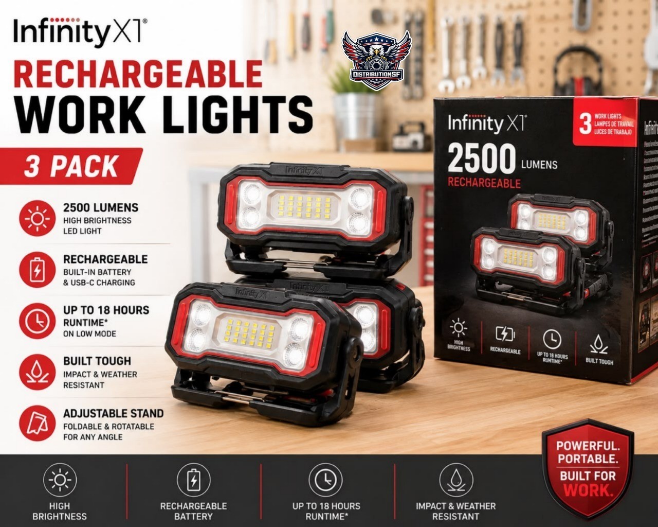 Infinity X1 Rechargeable Work Lights 3-Pack 2500 Lumens LED Portable Flood Light