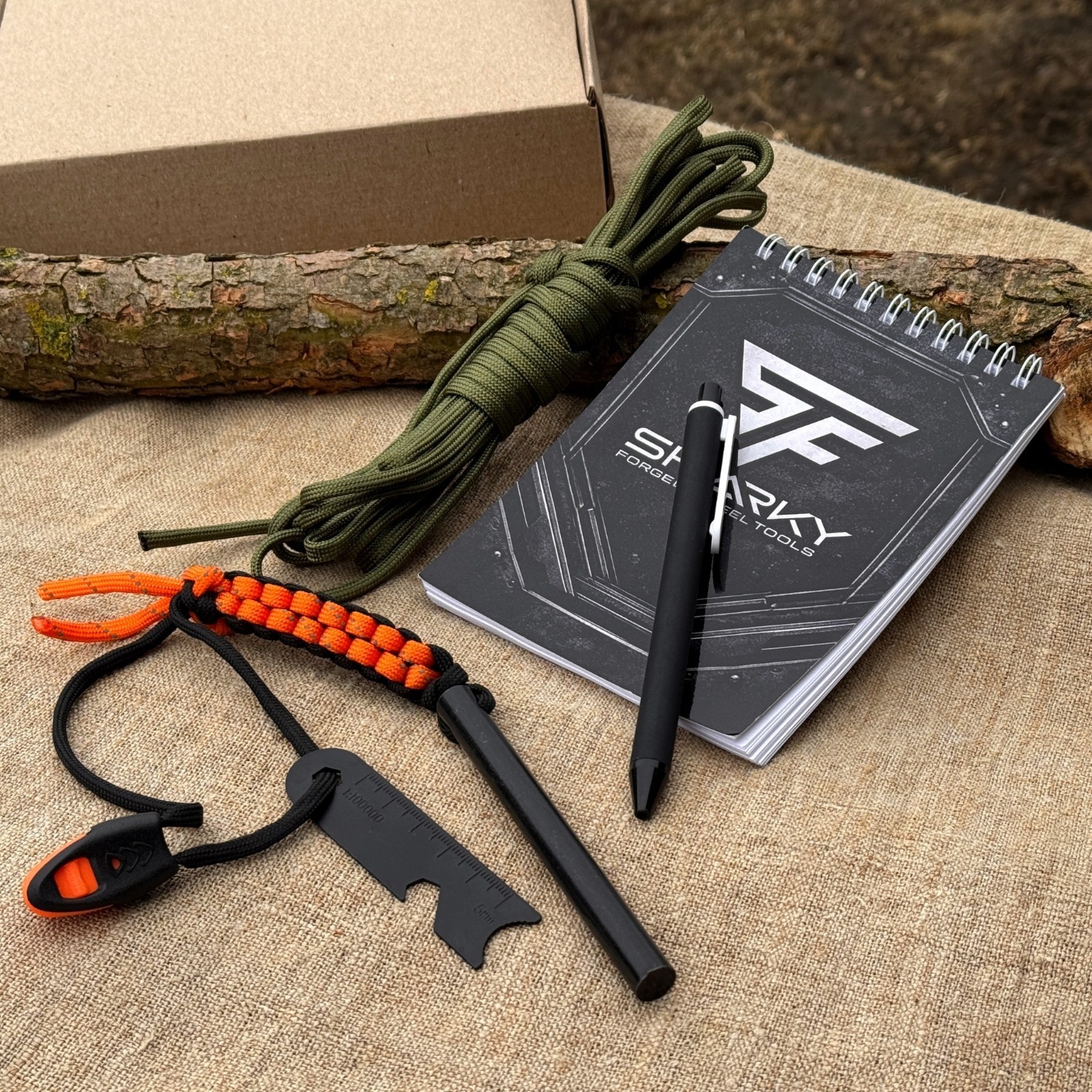 Camping Survival Kit with Ferro Rod Notebook Pen Paracord Bushcraft Gear Sharky