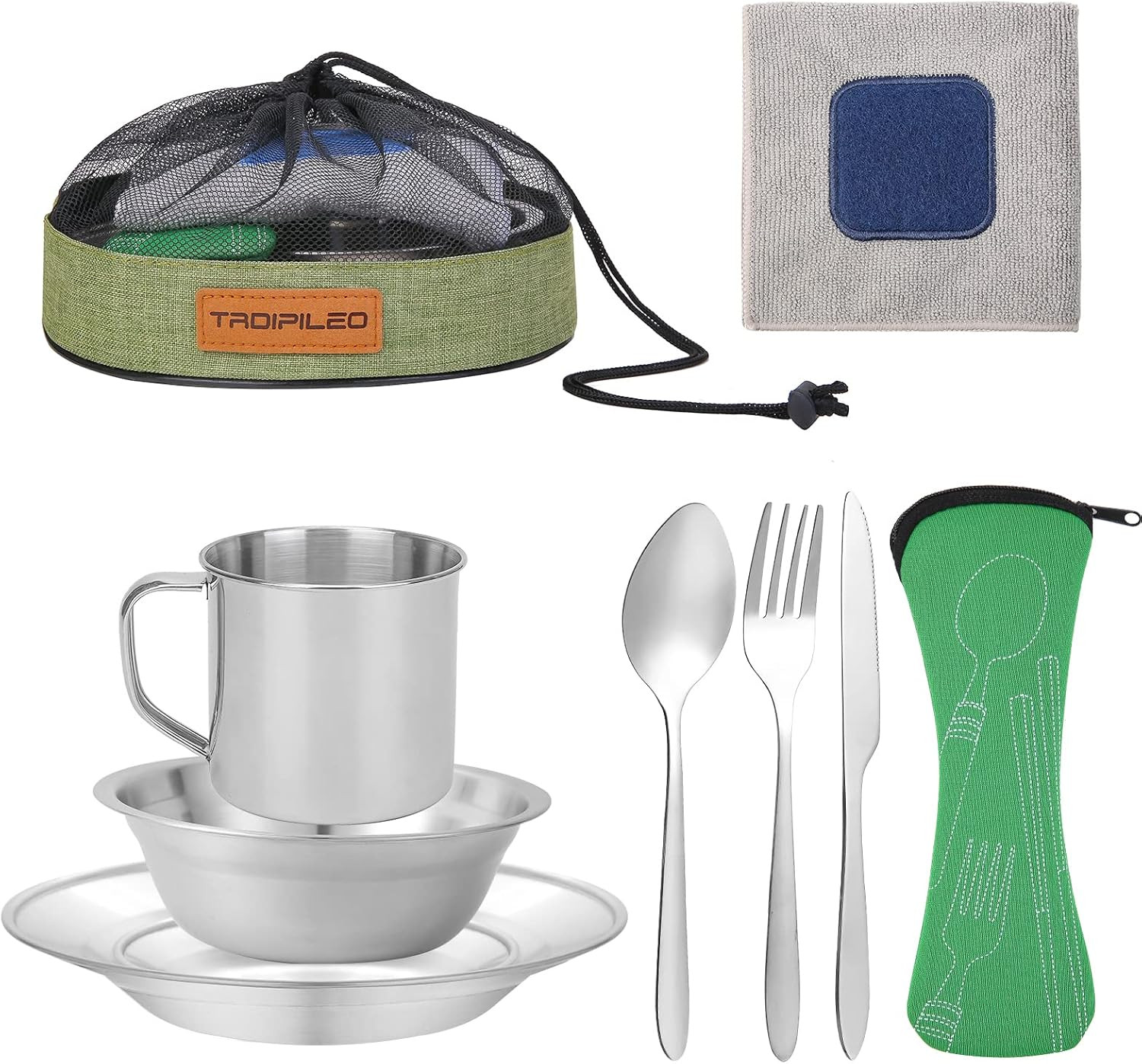 Stainless Steel Camping Cutlery Set – 8 Piece, Includes Spoons, Mugs, Bowls, Pla
