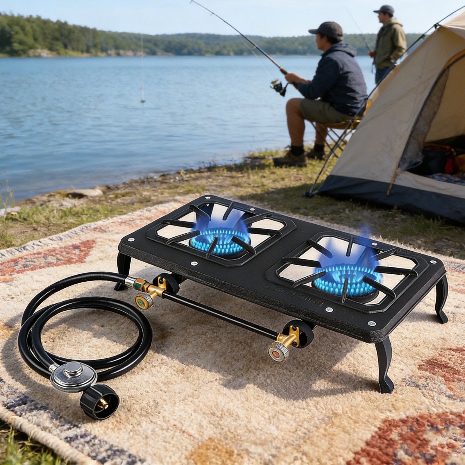 Cast Iron Double Burner Portable Outdoor Camp Stove Propane Gas LPG BBQ Cooke