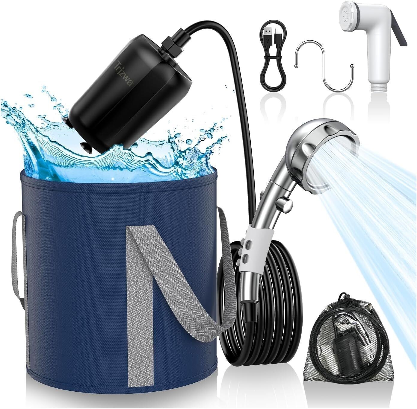 Portable Shower Camping,9000mAh Rechargeable Shower Pump with Folding Bucket,c