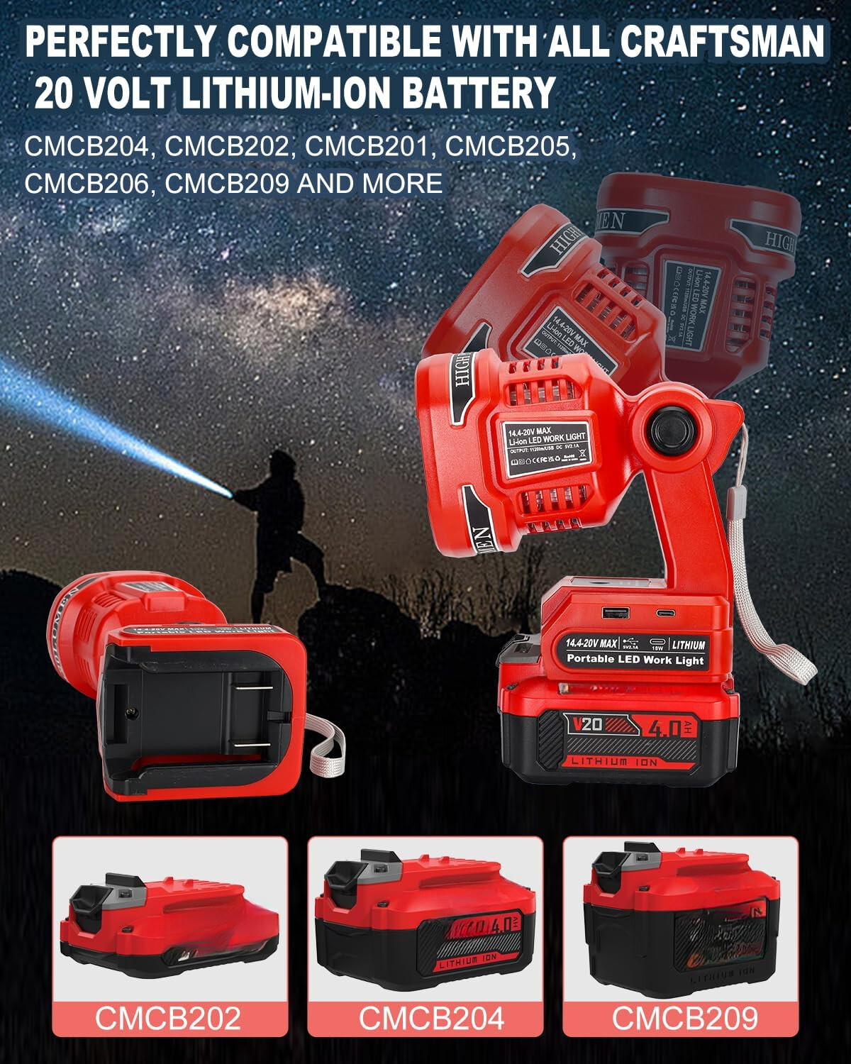 Cordless LED Flashlight for Craftsman V20 Battery 22W LED Work Light with USB