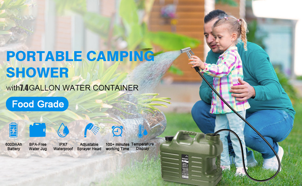 Portable Camping Shower with 7-Gallon Water Jug, Rechargeable Camping Shower New