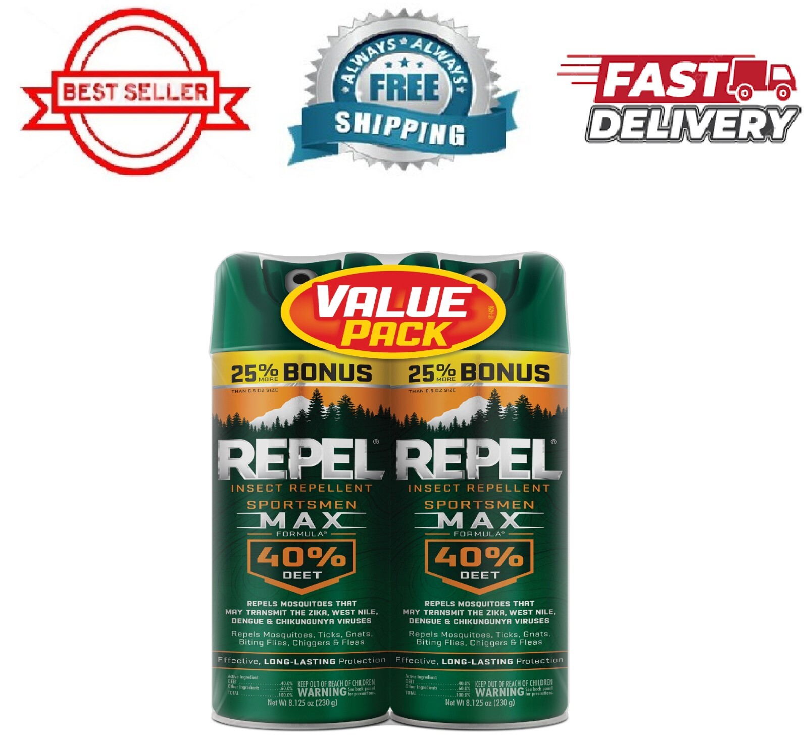 Repel Insect Repellent Sportsmen Max Formula 40% DEET Aerosol Value (2 Cans) New