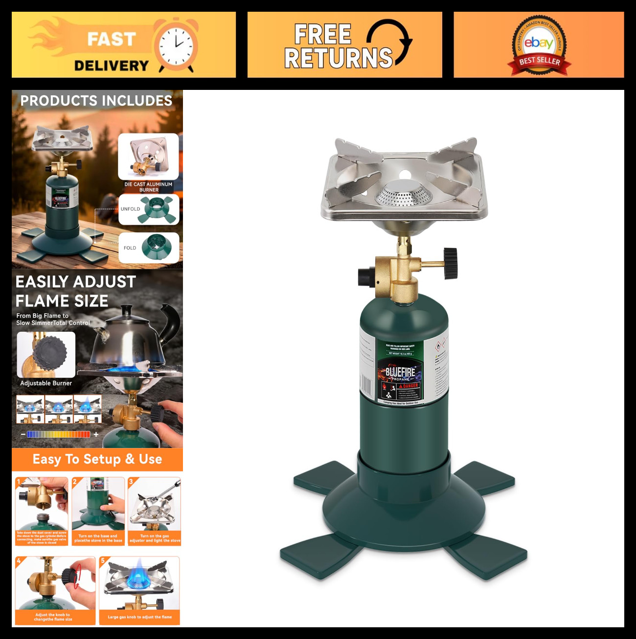 Portable Camping Propane Stove – 10000 BTU Single Burner for Outdoor Cooking, Ba