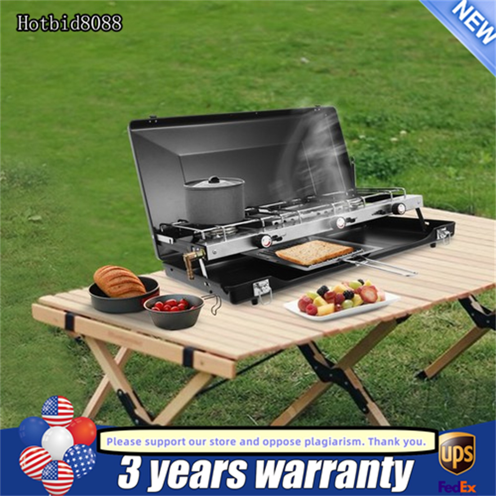 3 Burner Modern Portable Cooking Propane Butane Gas Camping Stove W/ Grid + Tray