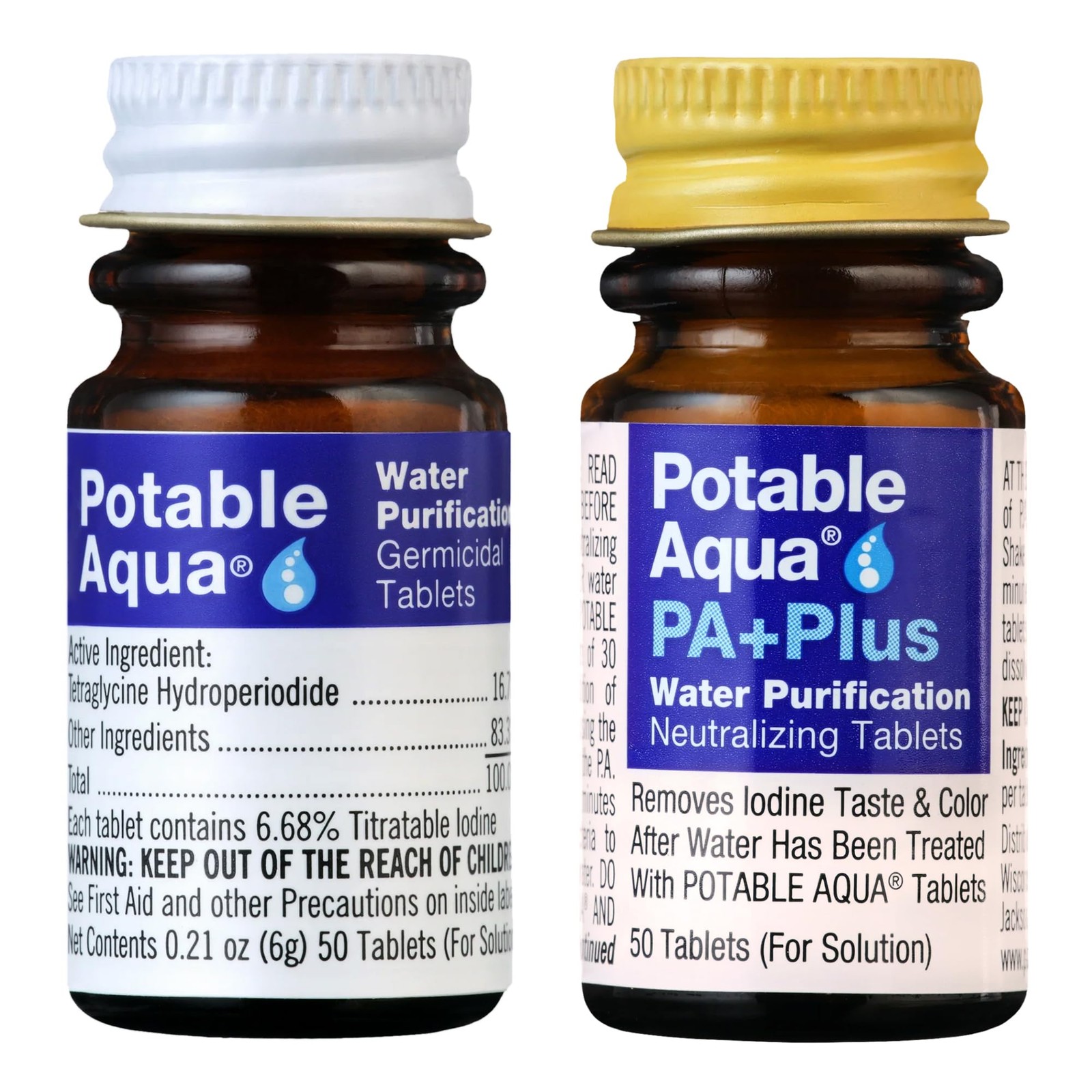 Potable Aqua Water Purification Tablets with PA Plus, 2 Bottles of 50 Tablets