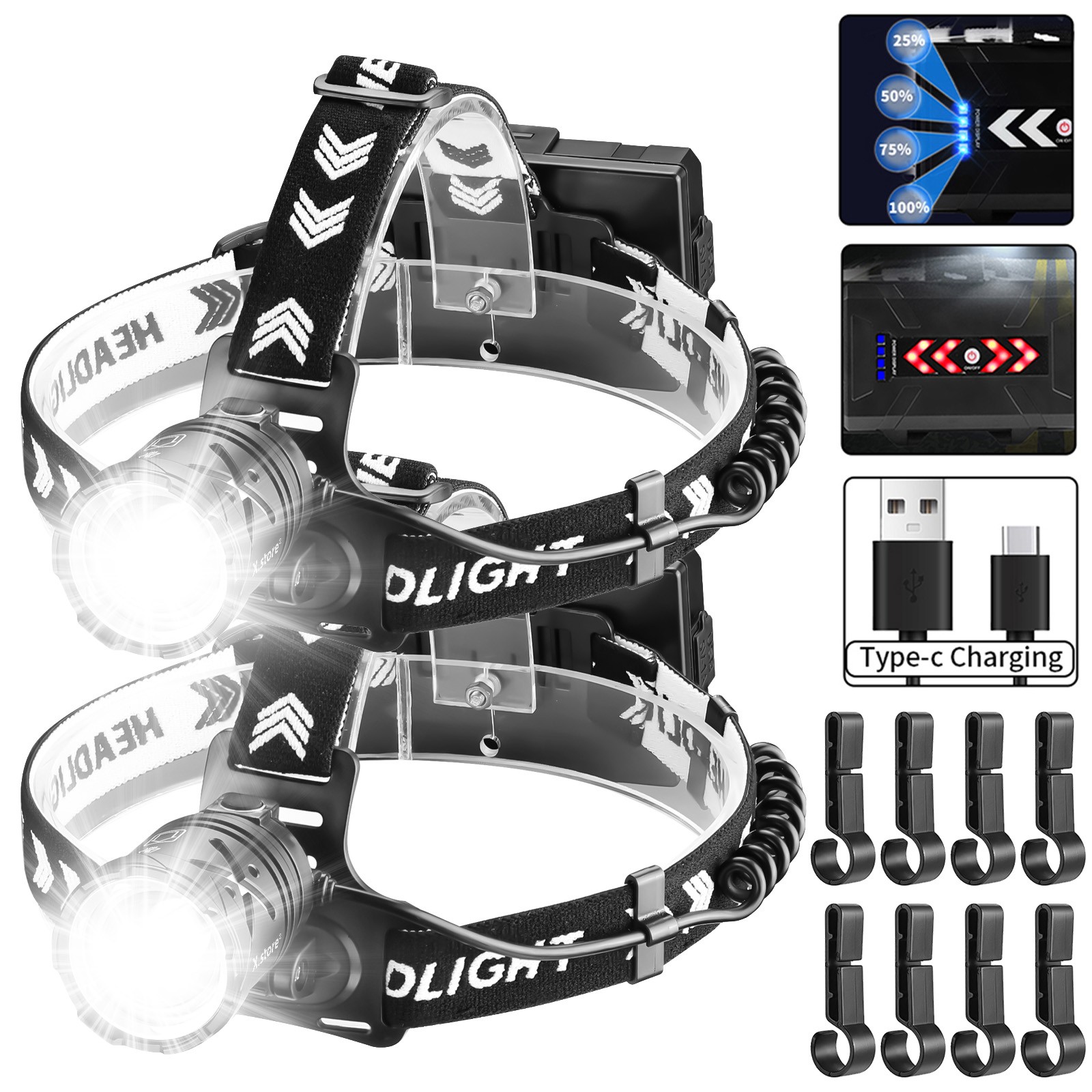 2x 1200000LM Rechargeable LED Headlamp Super Bright 30W LED Headlight Head Torch