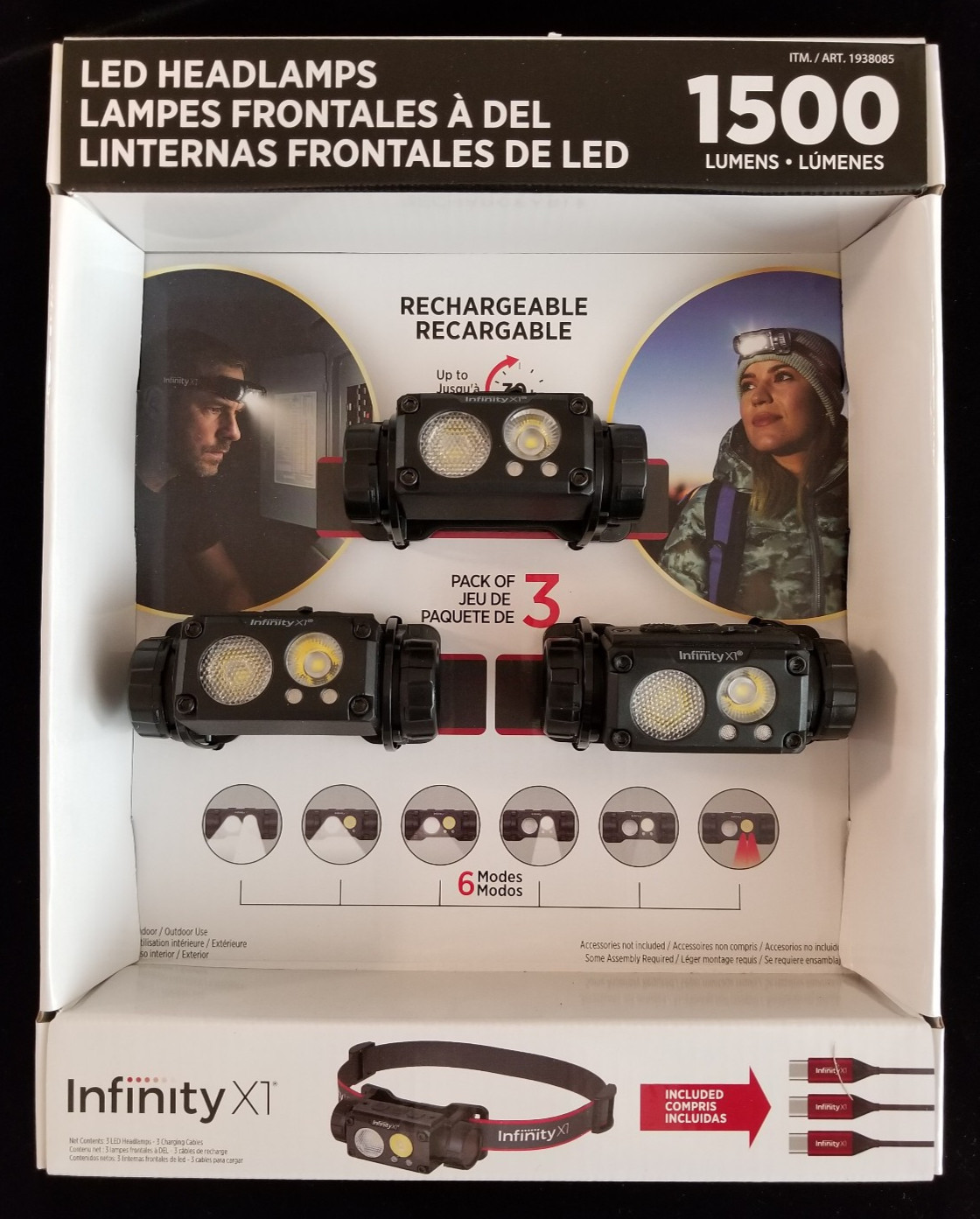 Infinity X1 LED Headlamps 1500 Lumens #1938085 – Pack of 3 – Rechargeable – New