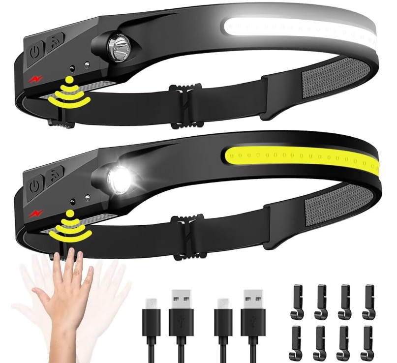 Linterna Frontal LED Recargable 230° Pack 2 con Sensor para Camping Senderismo