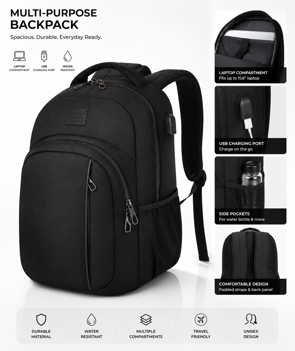 15.6″ Laptop Backpack with USB Charging Port, Water-Resistant Travel Backpack
